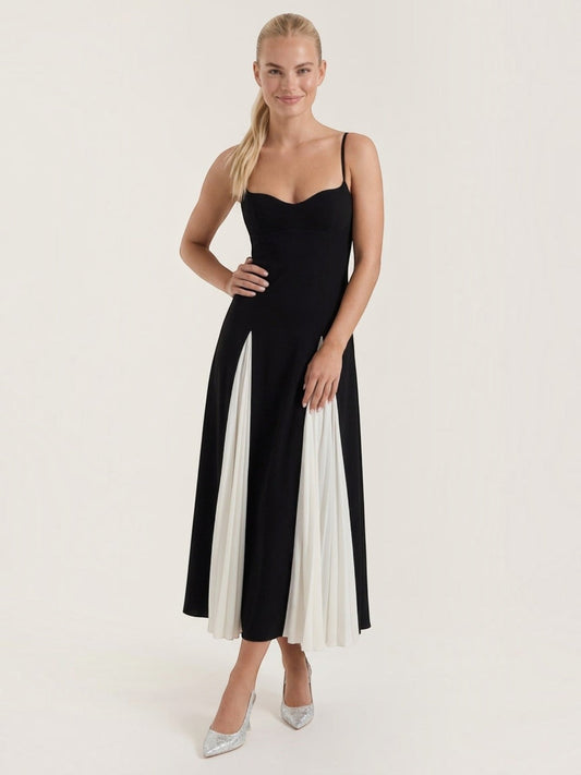 Eva | Women's Midi Dress with Two Tone Pleated Skirt, Summer - Black