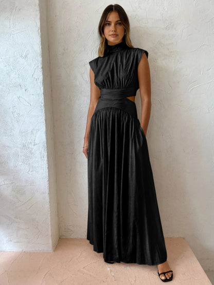 Women's Sleeveless Maxi Dress with Mock Neck and Waist Cut-Out Detail