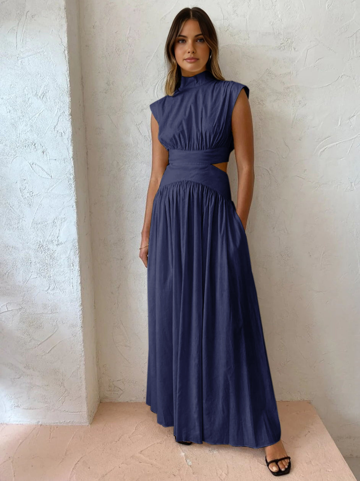 Women's Sleeveless Maxi Dress with Mock Neck and Waist Cut-Out Detail