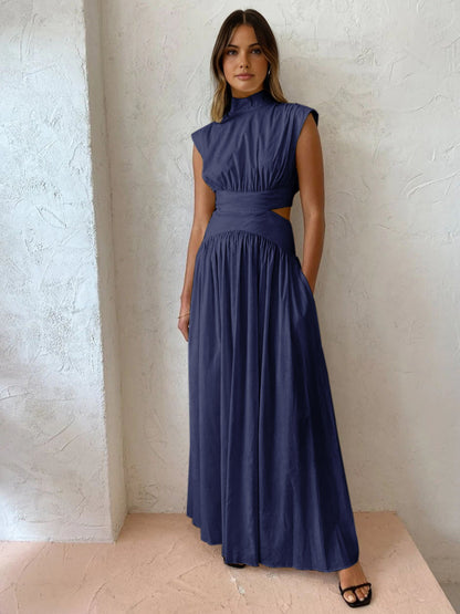 Women's Sleeveless Maxi Dress with Mock Neck and Waist Cut-Out Detail