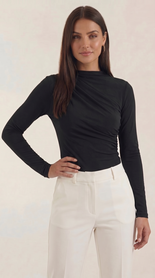 Women's Long Sleeve Top with Slim Mock Neck and Side Drape Detail