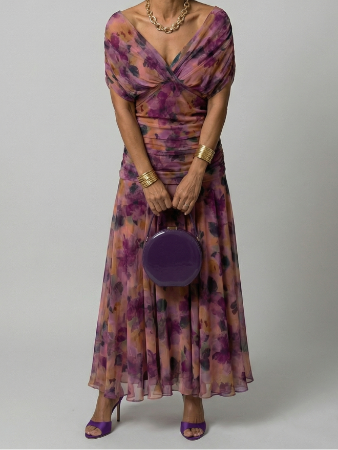 Women's Off Shoulder Flow Midi Dress with Draped Neckline and Gently Flared Skirt