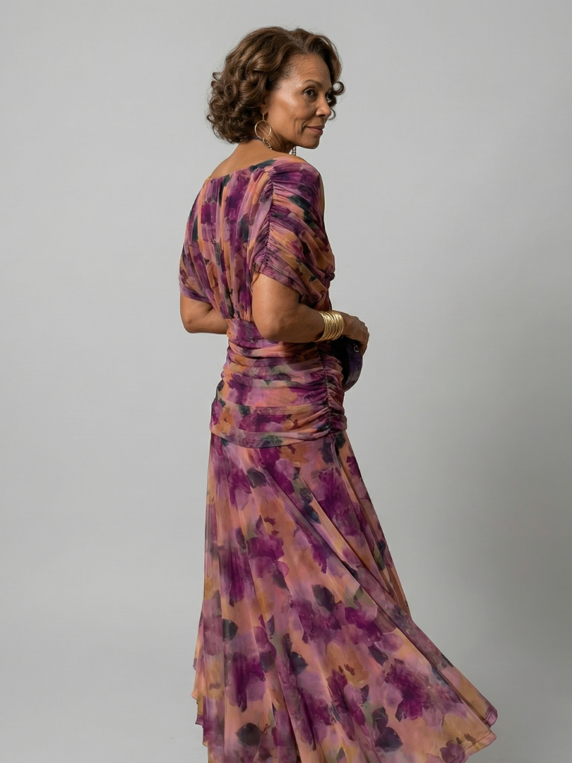Women's Off Shoulder Flow Midi Dress with Draped Neckline and Gently Flared Skirt