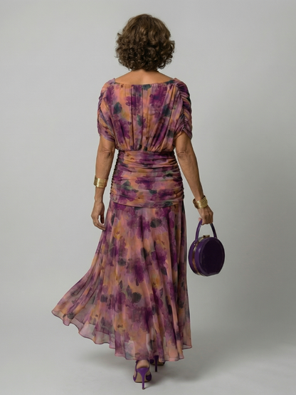 Women's Off Shoulder Flow Midi Dress with Draped Neckline and Gently Flared Skirt