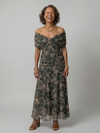 Women's Off Shoulder Flow Midi Dress with Draped Neckline and Gently Flared Skirt