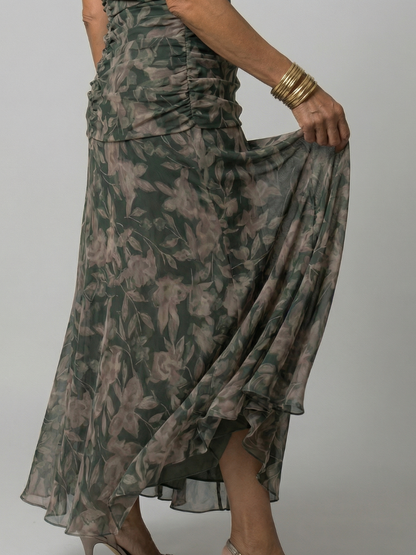 Women's Off Shoulder Flow Midi Dress with Draped Neckline and Gently Flared Skirt