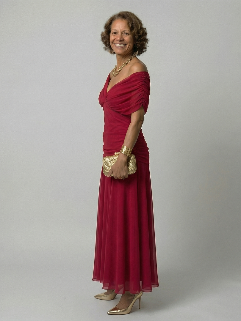 Women's Off Shoulder Flow Midi Dress with Draped Neckline and Gently Flared Skirt