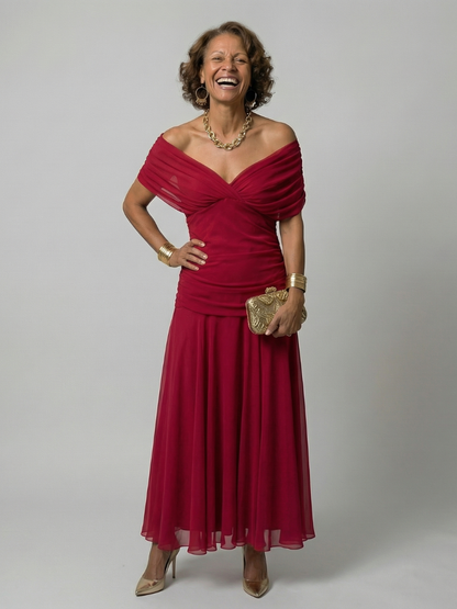Women's Off Shoulder Flow Midi Dress with Draped Neckline and Gently Flared Skirt