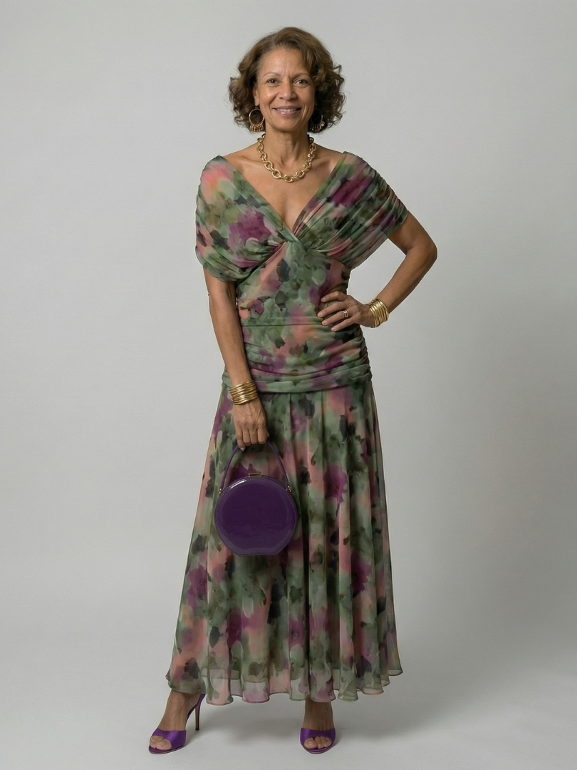 Women's Off Shoulder Flow Midi Dress with Draped Neckline and Gently Flared Skirt
