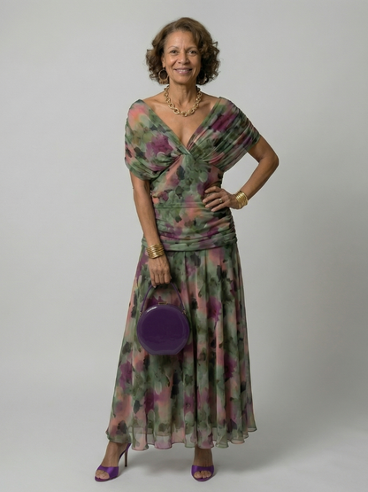 Women's Off Shoulder Flow Midi Dress with Draped Neckline and Gently Flared Skirt