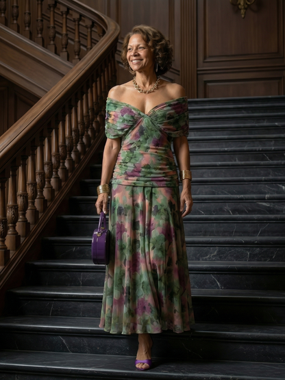 Women's Off Shoulder Flow Midi Dress with Draped Neckline and Gently Flared Skirt