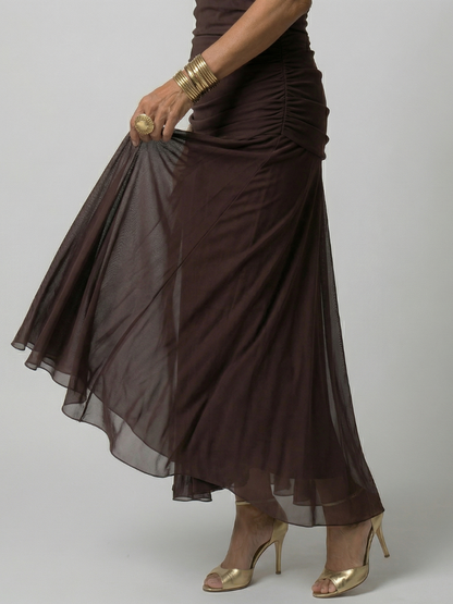 Women's Off Shoulder Flow Midi Dress with Draped Neckline and Gently Flared Skirt
