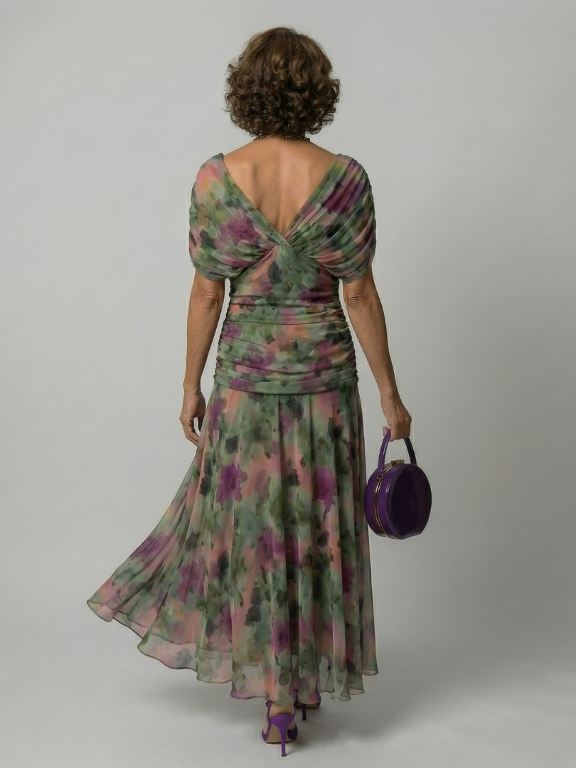 Women's Off Shoulder Flow Midi Dress with Draped Neckline and Gently Flared Skirt