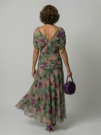 Women's Off Shoulder Flow Midi Dress with Draped Neckline and Gently Flared Skirt