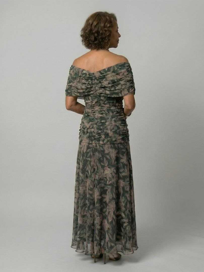 Women's Off Shoulder Flow Midi Dress with Draped Neckline and Gently Flared Skirt