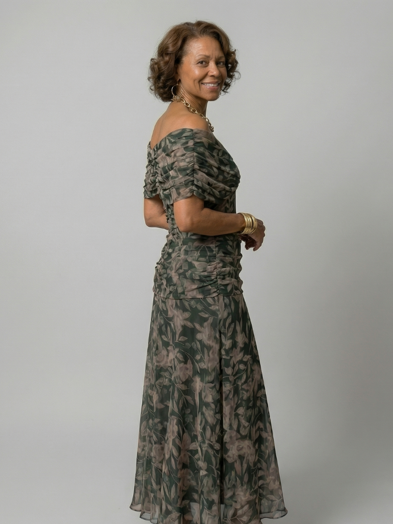 Women's Off Shoulder Flow Midi Dress with Draped Neckline and Gently Flared Skirt