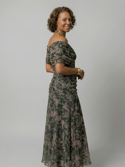 Women's Off Shoulder Flow Midi Dress with Draped Neckline and Gently Flared Skirt