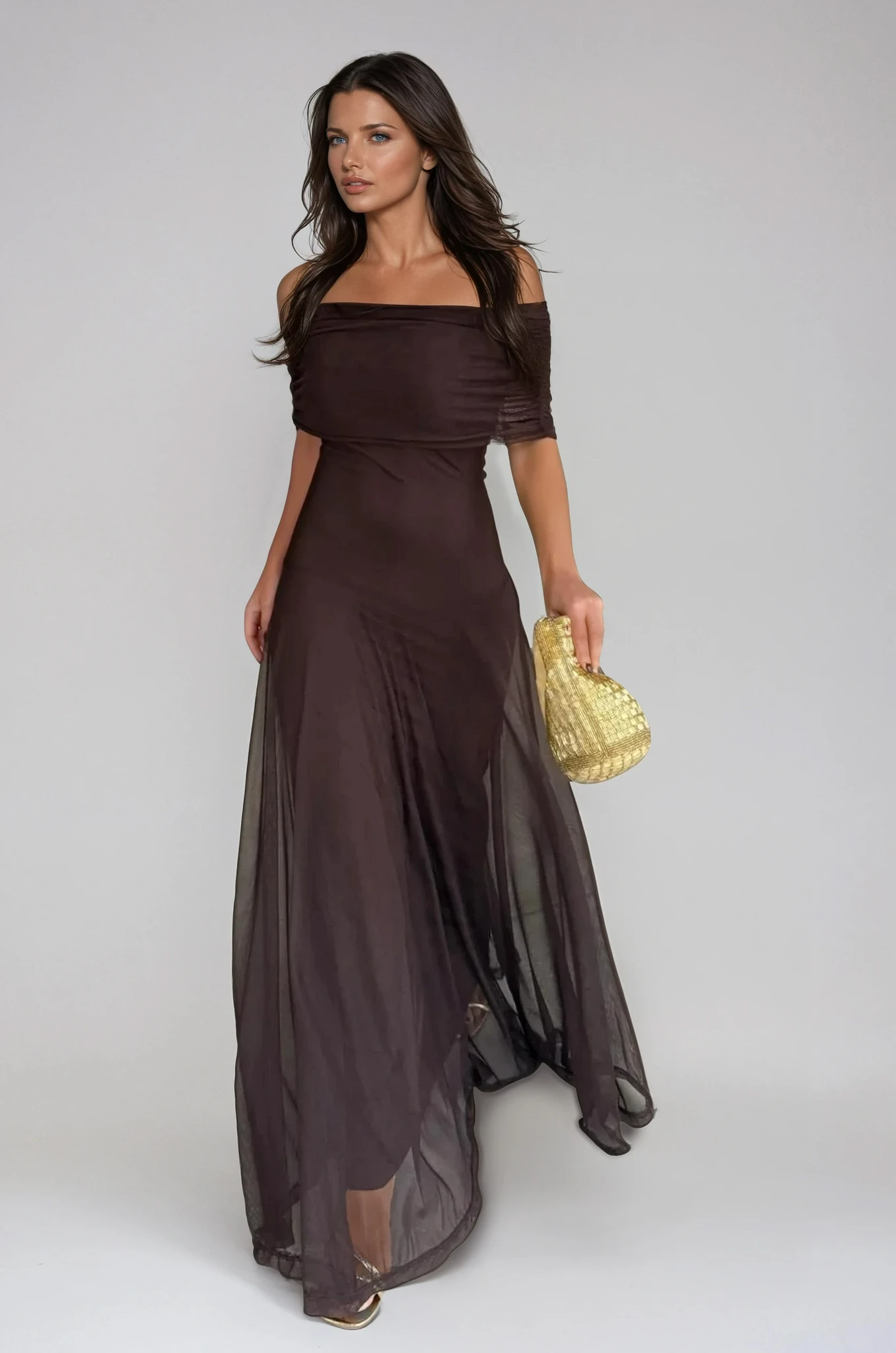 Women's Off Shoulder Maxi Wedding Guest Dress with Chiffon Overlay