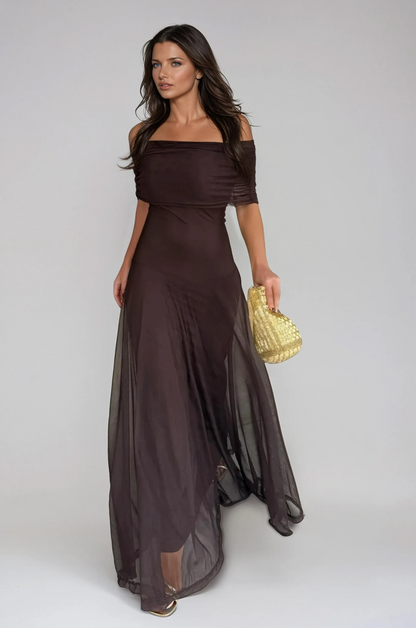 Women's Off Shoulder Maxi Wedding Guest Dress with Chiffon Overlay