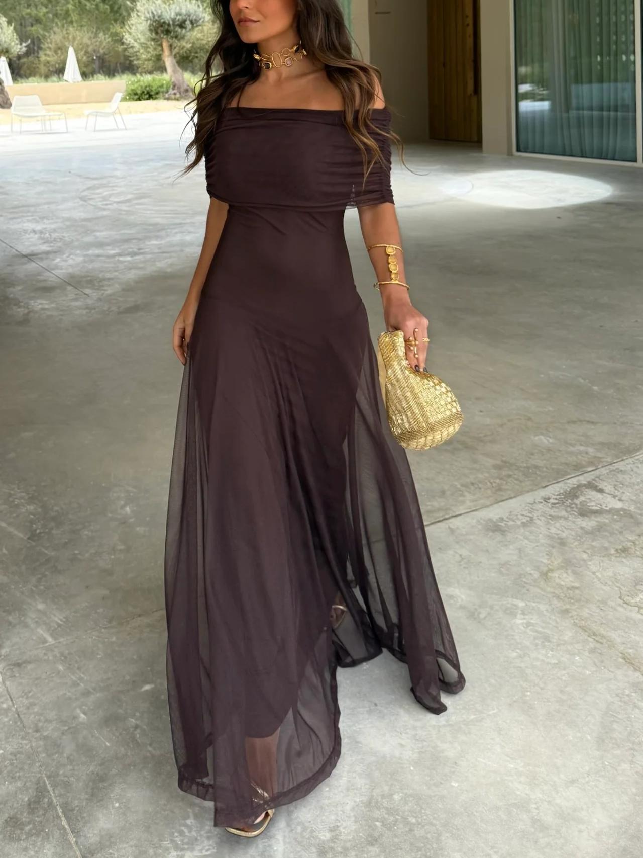 Women's Off Shoulder Maxi Wedding Guest Dress with Chiffon Overlay