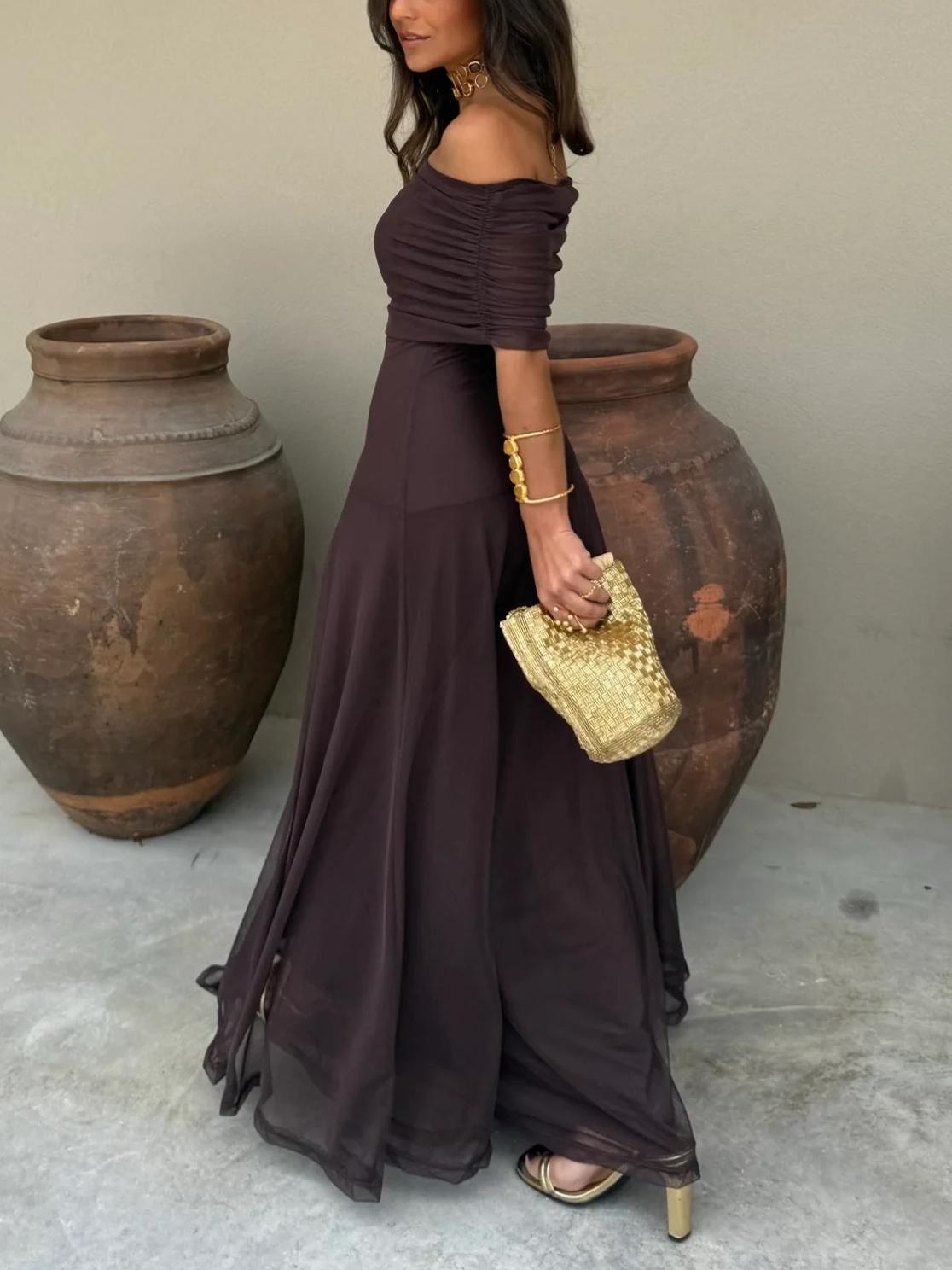 Women's Off Shoulder Maxi Wedding Guest Dress with Chiffon Overlay