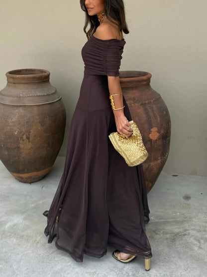 Women's Off Shoulder Maxi Wedding Guest Dress with Chiffon Overlay