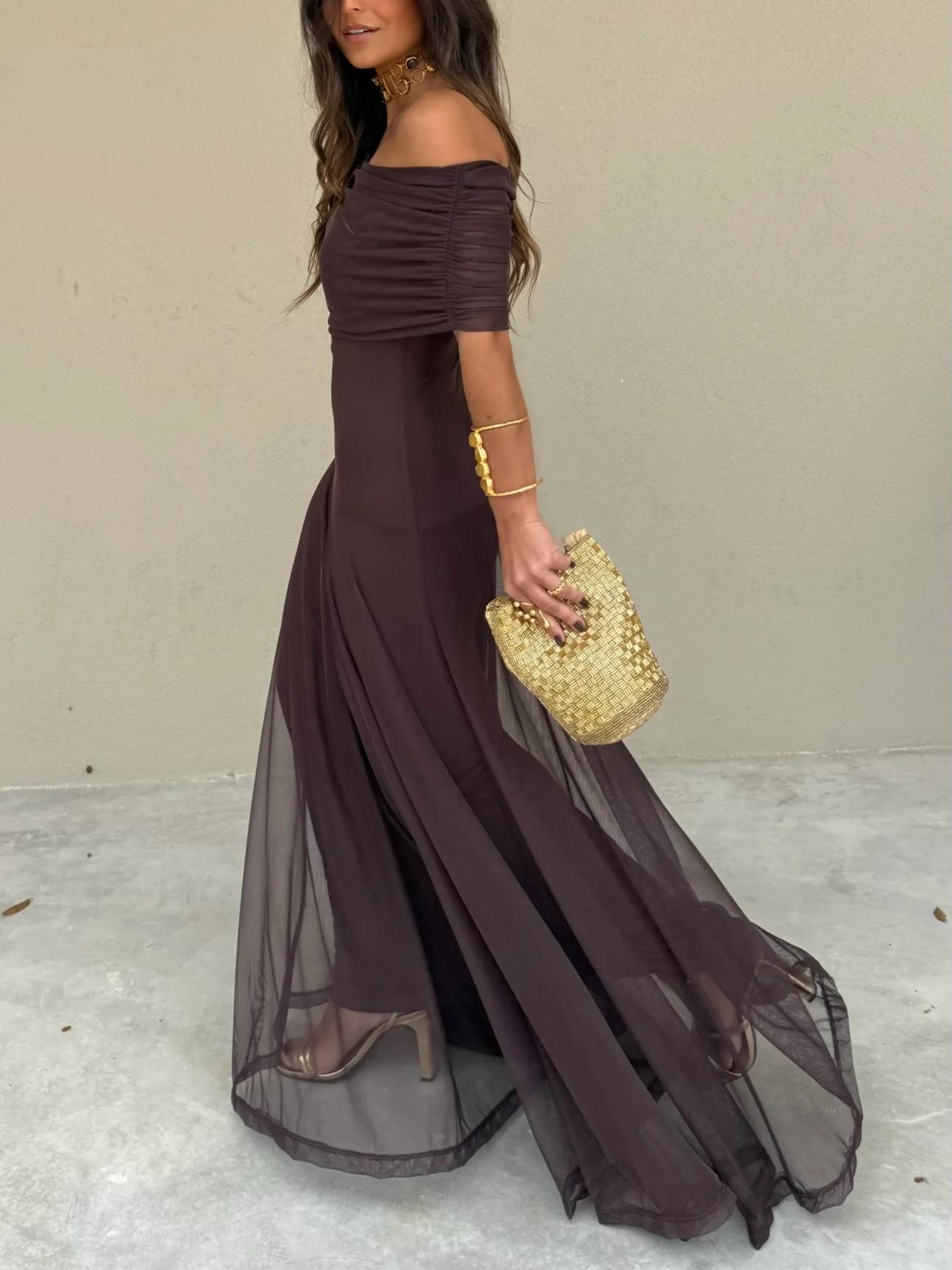 Women's Off Shoulder Maxi Wedding Guest Dress with Chiffon Overlay