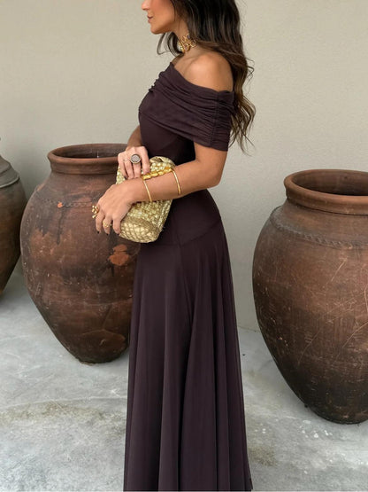 Women's Off Shoulder Maxi Wedding Guest Dress with Chiffon Overlay
