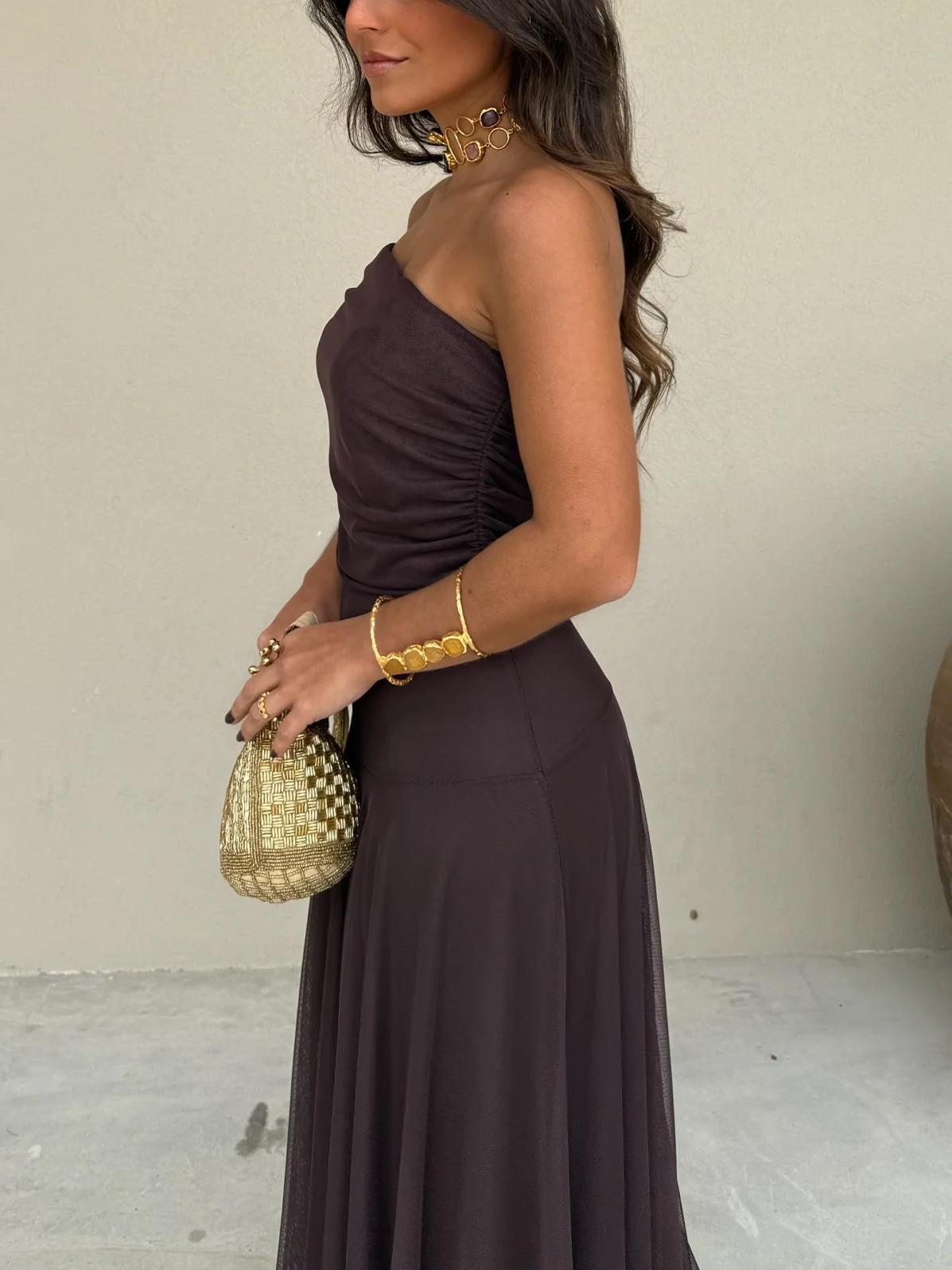 Women's Off Shoulder Maxi Wedding Guest Dress with Chiffon Overlay