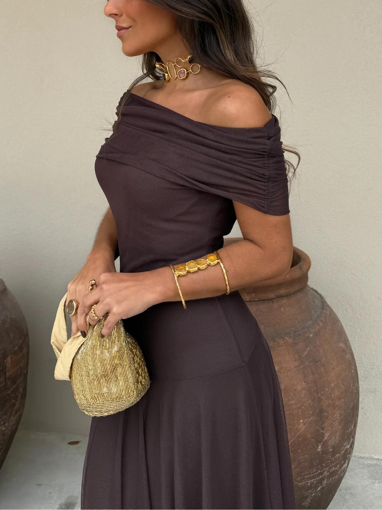 Women's Off Shoulder Maxi Wedding Guest Dress with Chiffon Overlay