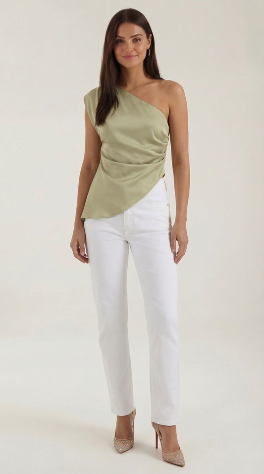 Women's Sleeveless One-Shoulder Top with Side Ruching and Asymmetric Hem