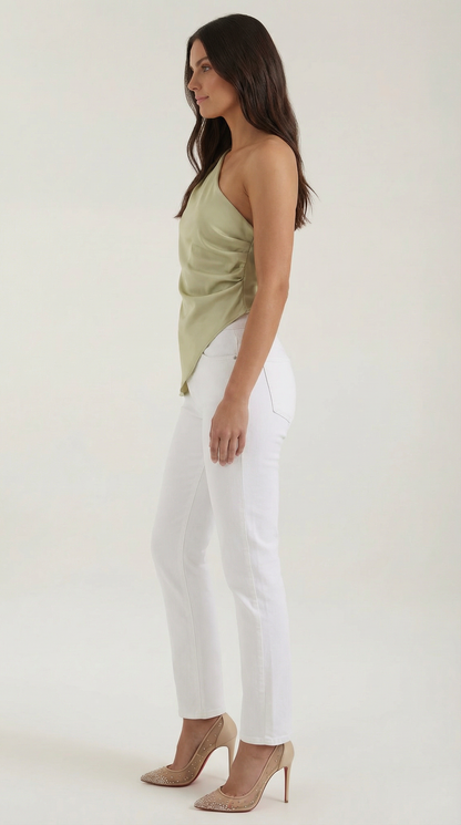 Women's Sleeveless One-Shoulder Top with Side Ruching and Asymmetric Hem