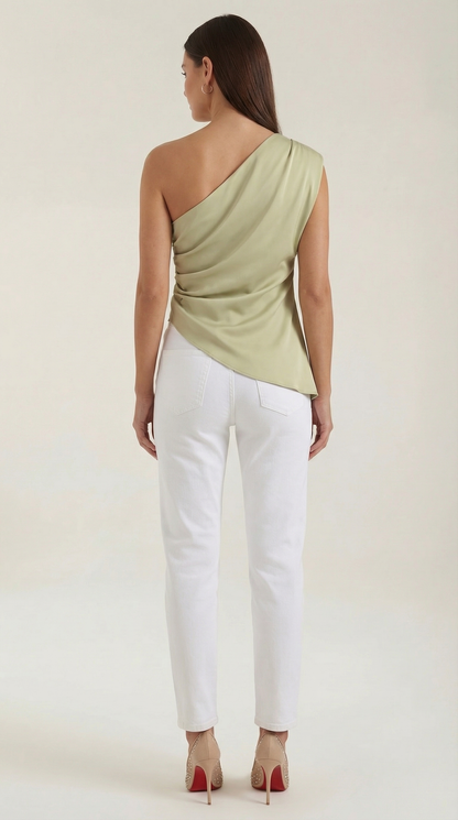 Women's Sleeveless One-Shoulder Top with Side Ruching and Asymmetric Hem