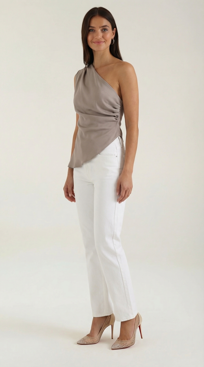 Women's Sleeveless One-Shoulder Top with Side Ruching and Asymmetric Hem