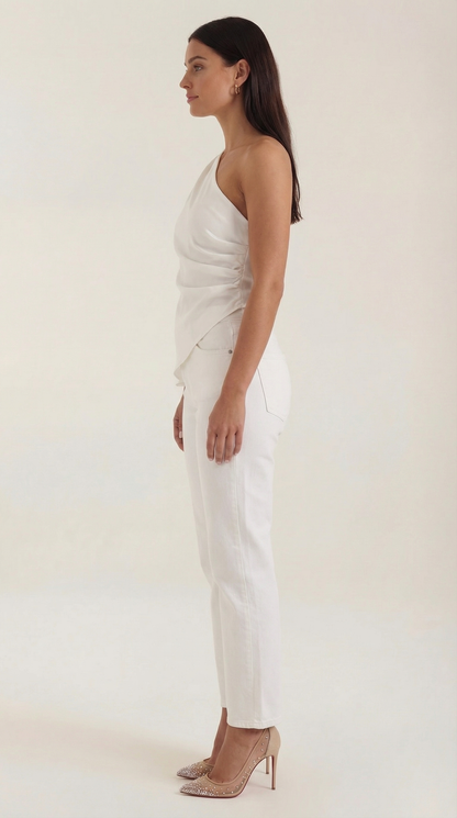 Women's Sleeveless One-Shoulder Top with Side Ruching and Asymmetric Hem