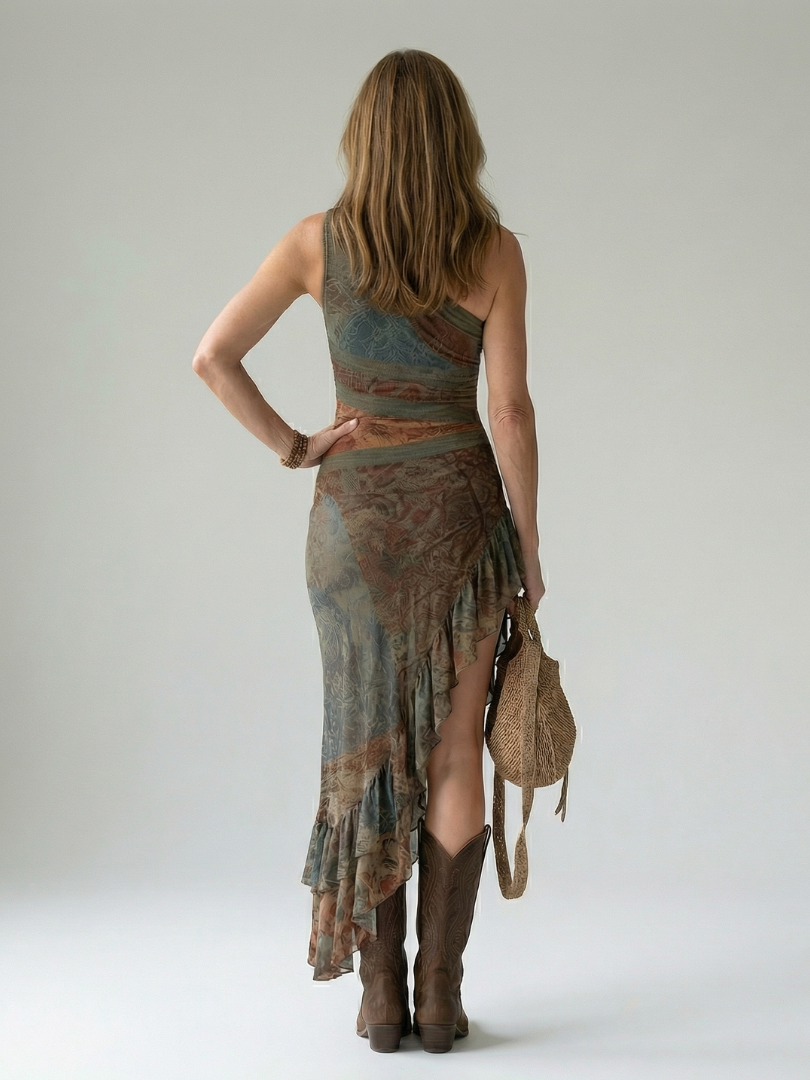 Women's One Shoulder Midi Dress with Asymmetric Hem and Soft Drape