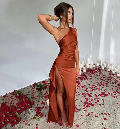 Women's One Shoulder Evening Maxi Dress with High Leg Slit