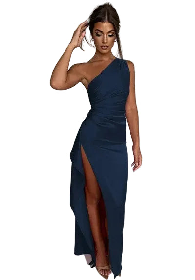 Women's One Shoulder Evening Maxi Dress with High Leg Slit