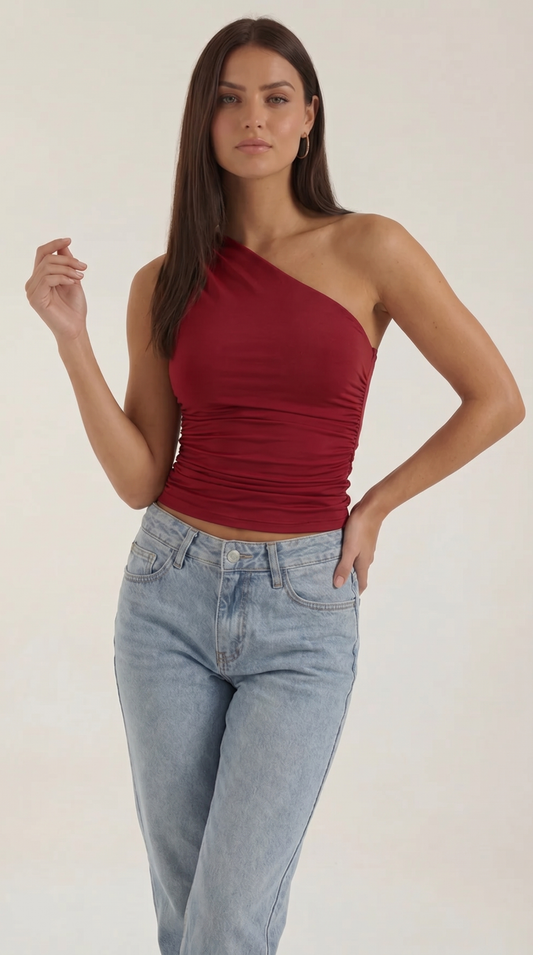 Women's Sleeveless One-Shoulder Top with Side Ruching and Fitted Cut