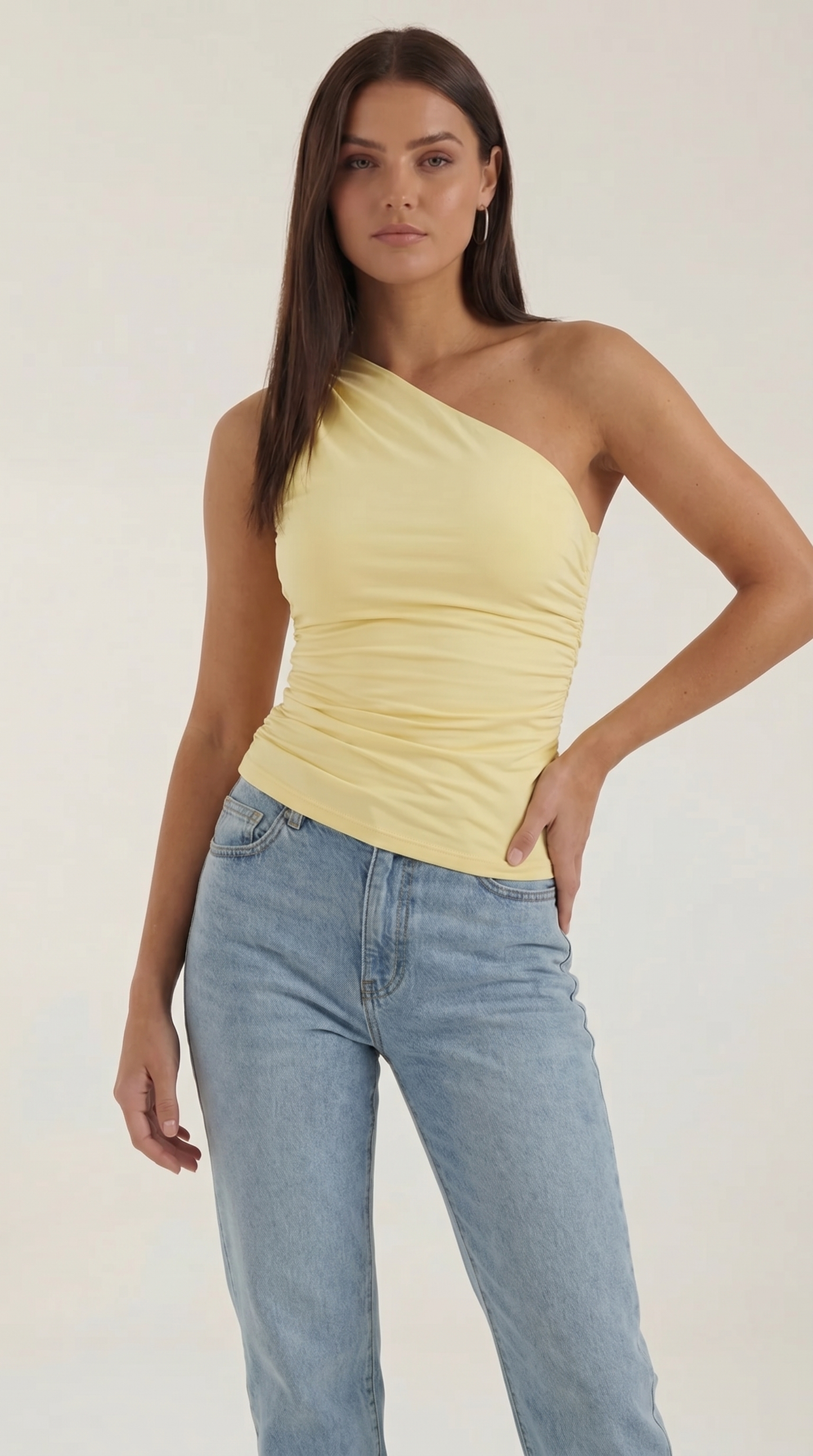 Women's Sleeveless One-Shoulder Top with Side Ruching and Fitted Cut