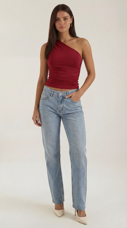 Women's Sleeveless One-Shoulder Top with Side Ruching and Fitted Cut
