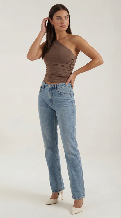 Women's Sleeveless One-Shoulder Top with Side Ruching and Fitted Cut