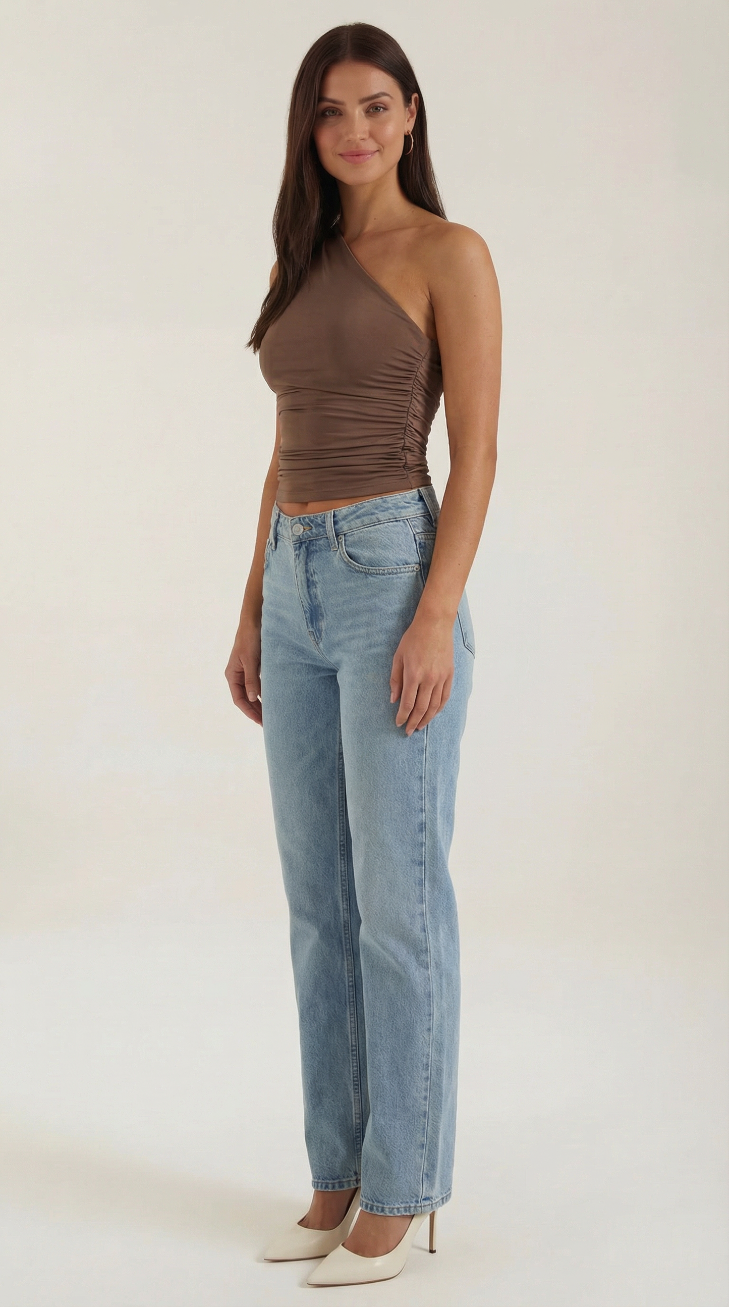 Women's Sleeveless One-Shoulder Top with Side Ruching and Fitted Cut