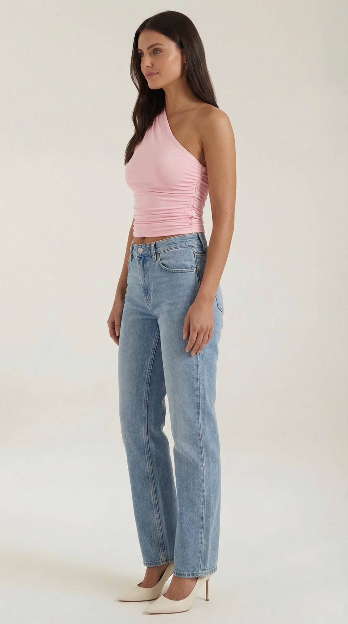 Women's Sleeveless One-Shoulder Top with Side Ruching and Fitted Cut