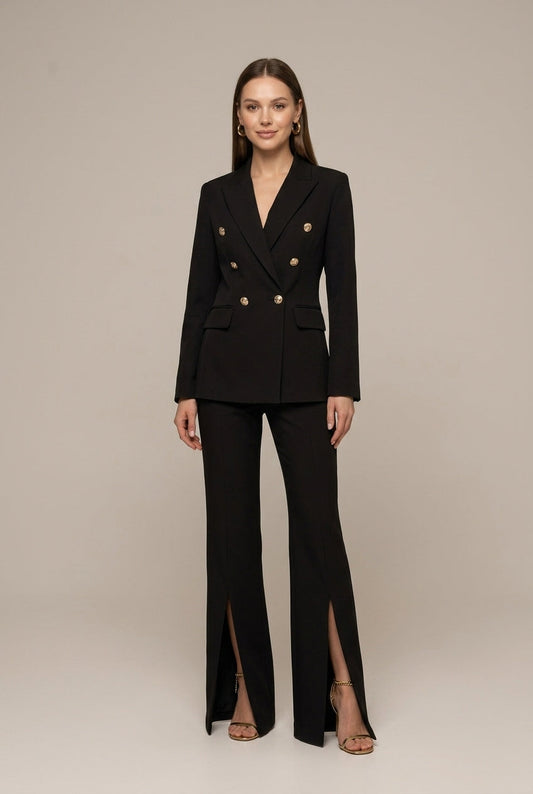 Women's Tailored Two-Piece Suit with Peaked Lapel Blazer and Wide-Leg Trousers