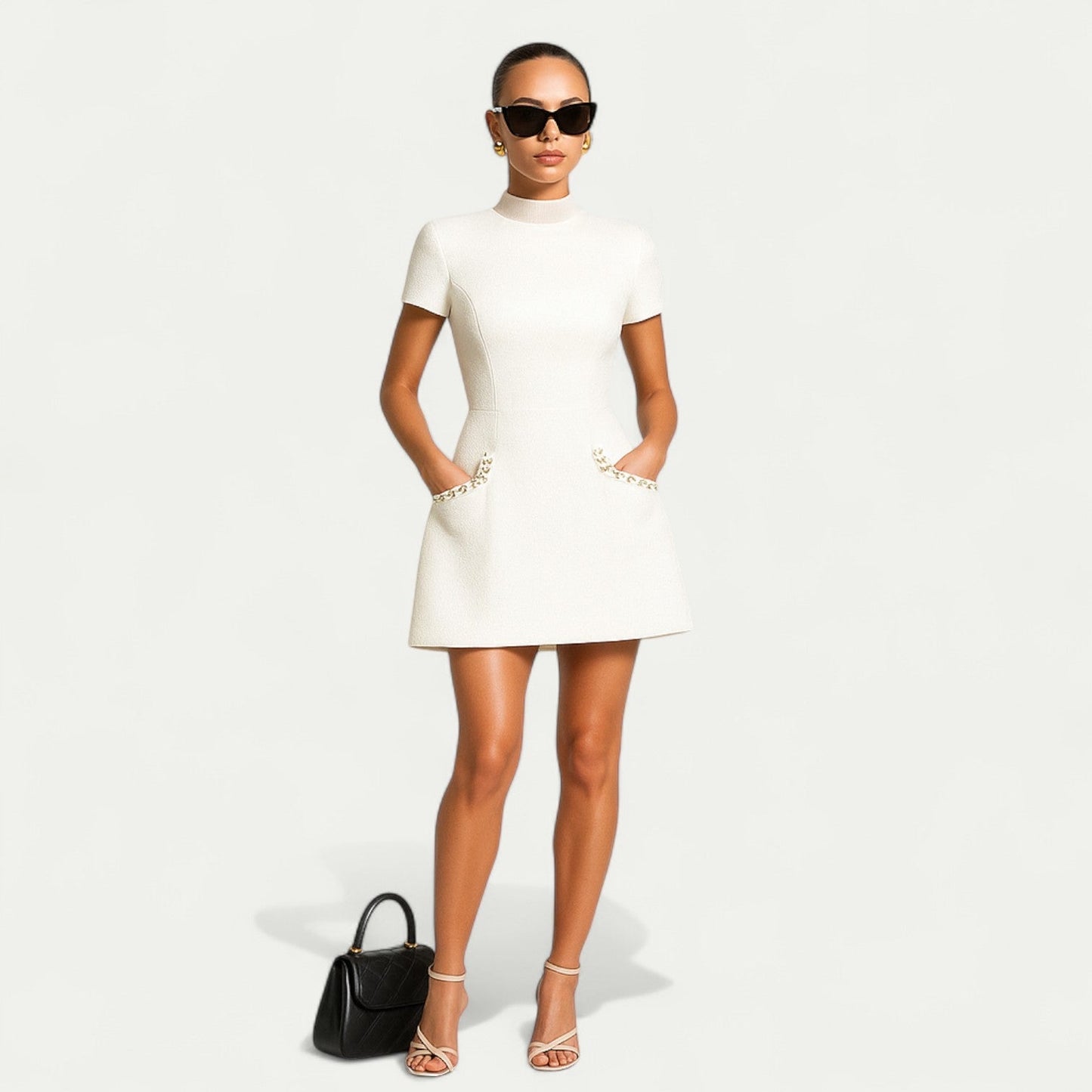 Women's Pearl Trim Mini Dress with Pocket Detailing