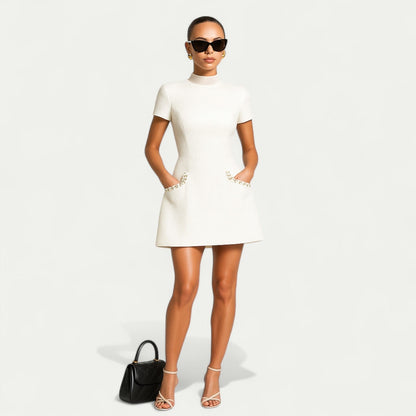 Women's Pearl Trim Mini Dress with Pocket Detailing