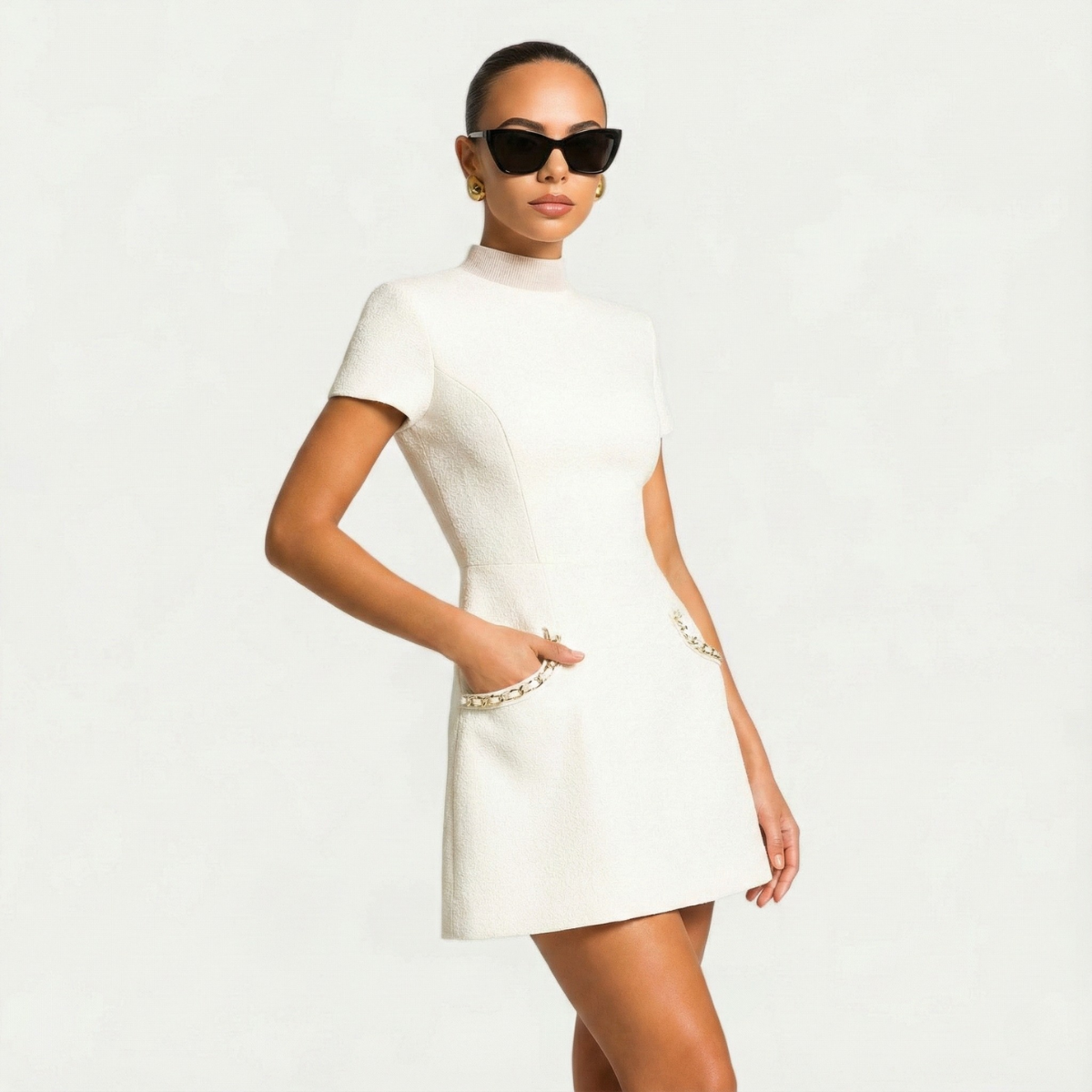 Women's Pearl Trim Mini Dress with Pocket Detailing