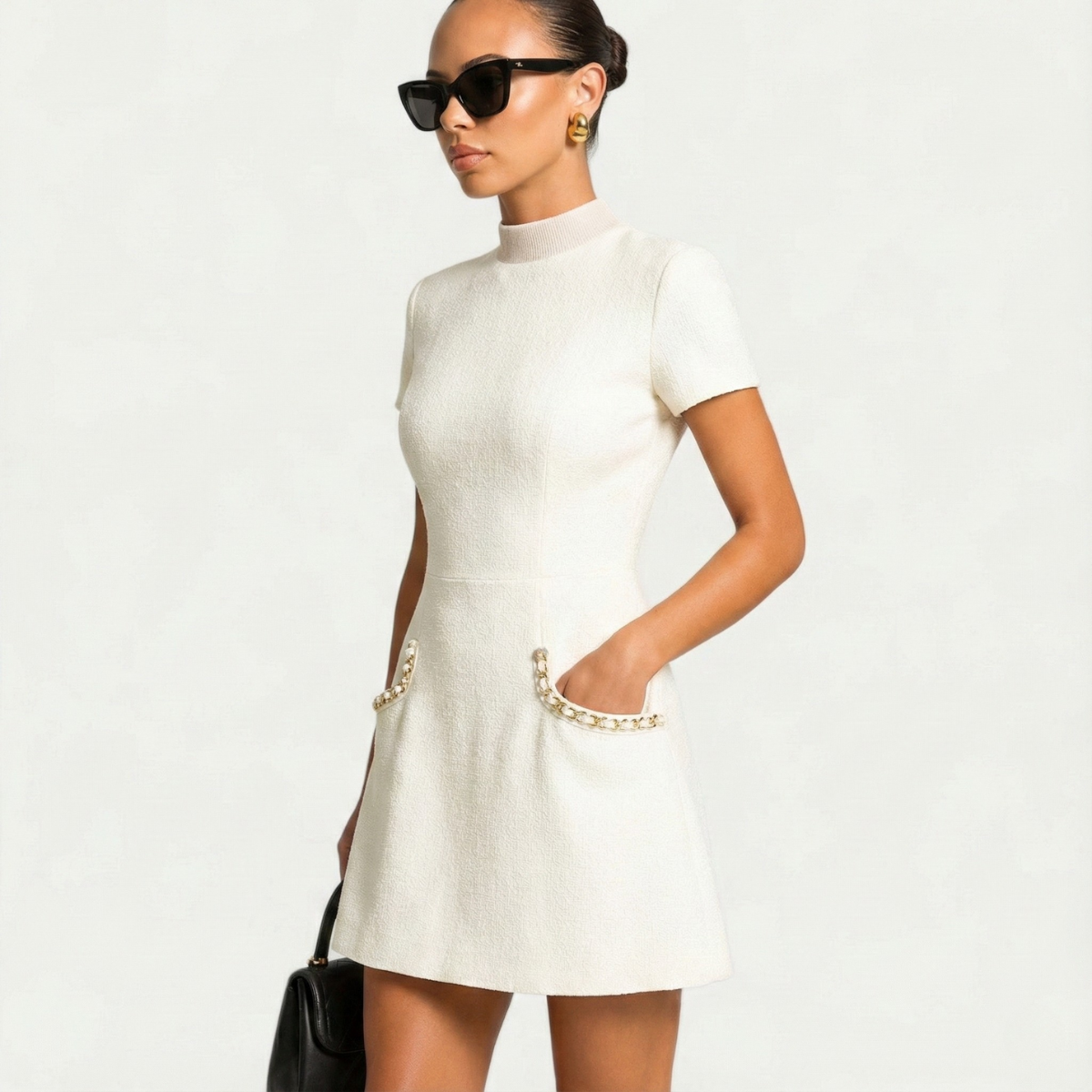 Women's Pearl Trim Mini Dress with Pocket Detailing
