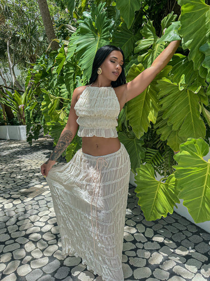 Women's Pleated Beach Set with Sheer Fabric and Ruffle Accents